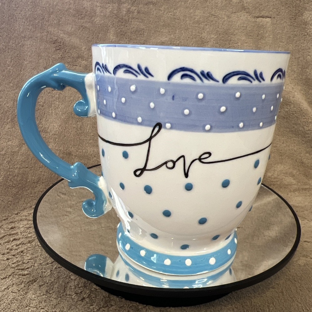 BELLE‎ MAISON Love Blue Flowers Dots Mug Cup Ceramic Hand Painted 16oz. Artisan